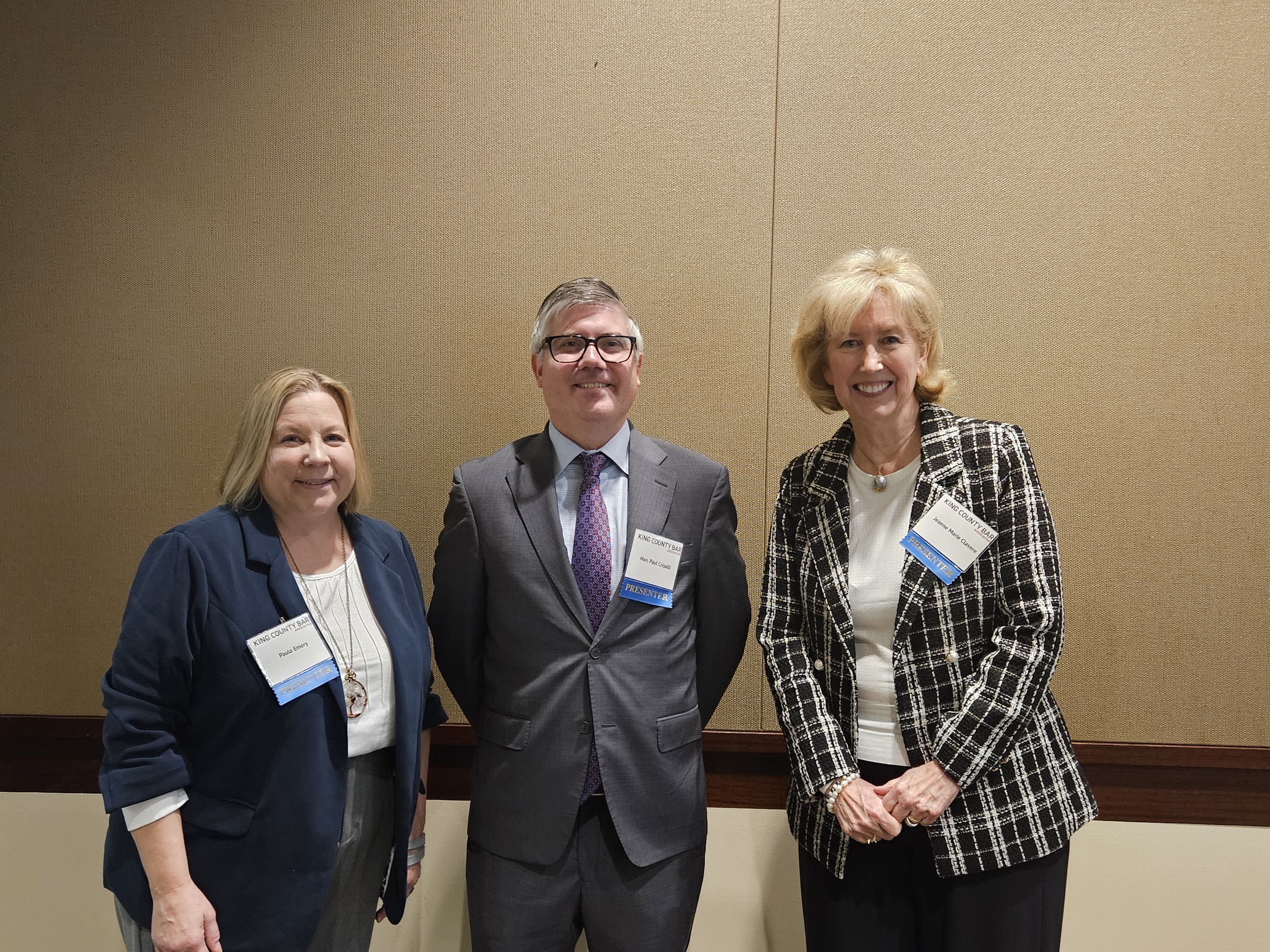 The Ethics of AI in Legal Pleadings Panelists (from left to right): Paula Emery, Emery Law & Mediation Services; Hon. Paul Crisalli, King County Superior Court Judge; Jeanne Marie Clavere, WSBA Senior Professional Responsibility Counsel.
